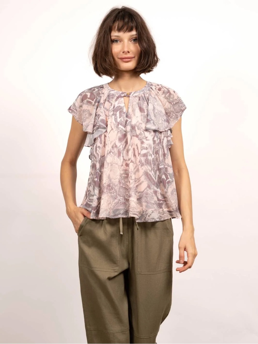 Light Mauve and Blush Snakeskin Printed Ruffle Sleeve Blouse - Women Tops